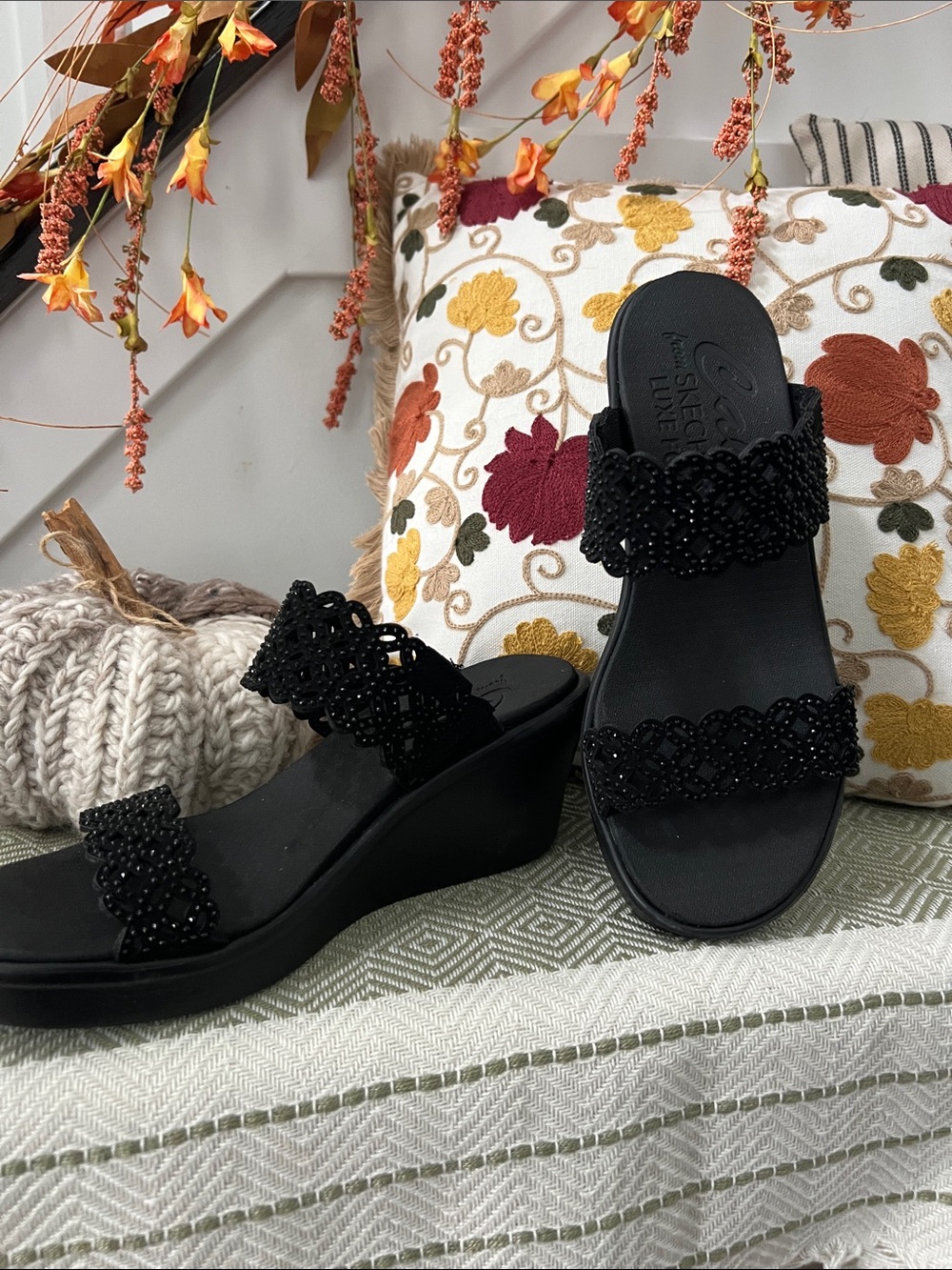 Skechers Black Beaded Wedge Slide Sandals